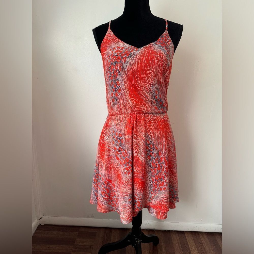 Asher By Fabrik Orange & Blue Sun Dress Boho Mini Dress Geometric Print Size S